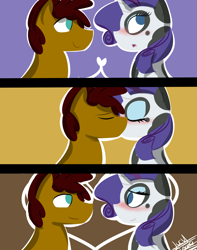 Size: 2893x3680 | Tagged: safe, artist:scarlett-letter, character:rarity, oc, species:cow, :o, bedroom eyes, blushing, canon x oc, cute, eye contact, eyes closed, kissing, lineless, raricow, shipping, smiling, species swap