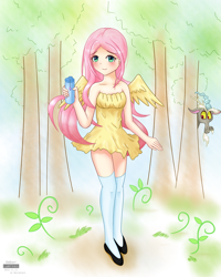 Size: 1600x2000 | Tagged: safe, artist:vanillafox2035, character:discord, character:fluttershy, species:human, blushing, bottle, breasts, clothing, cute, delicious flat chest, dress, flattershy, forest, humanized, looking at you, winged humanization