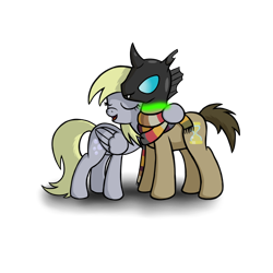 Size: 1000x1000 | Tagged: safe, artist:redquoz, character:derpy hooves, character:doctor whooves, character:time turner, species:changeling, species:pegasus, species:pony, clothing, duo, female, hug, male, mare, scarf, stallion