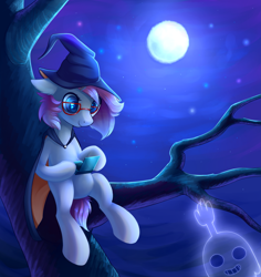 Size: 3571x3781 | Tagged: safe, artist:ghst-qn, oc, oc only, species:pony, 3ds, cape, clothing, female, full moon, gamer, ghost, glasses, grin, hat, hi-five ghost, looking at you, looking down, mare, moon, night, outdoors, regular show, sitting, sitting in a tree, smiling, solo, stars, tree, tree branch, witch