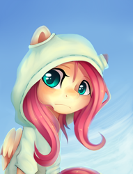 Size: 1842x2409 | Tagged: safe, artist:facerenon, artist:ghst-qn, character:fluttershy, species:pegasus, species:pony, clothing, colored pupils, cute, female, hoodie, looking at you, shyabetes, sky, solo
