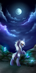 Size: 1024x2049 | Tagged: safe, artist:ghst-qn, oc, oc only, species:pony, species:unicorn, cloud, crystal, looking up, moon, night, signature, sky, solo, standing, stars