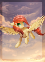 Size: 1024x1413 | Tagged: safe, artist:ghst-qn, oc, oc only, oc:ricky, species:pegasus, species:pony, cloud, female, floppy ears, flying, looking at you, mare, signature, sky, solo
