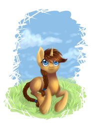 Size: 2692x3685 | Tagged: safe, artist:ghst-qn, oc, oc only, oc:virginia, species:pony, species:unicorn, :3, cloud, female, grass, looking up, mare, prone, sky, smiling, solo