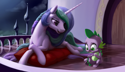 Size: 3048x1769 | Tagged: safe, artist:nadnerbd, character:princess celestia, character:spike, species:alicorn, species:pony, advice, balcony, canterlot, crossed hooves, lounging, missing accessory, momlestia, moonlight, night sky, open mouth, pillow, prone, sitting
