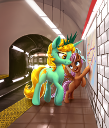 Size: 1600x1891 | Tagged: safe, artist:nadnerbd, oc, oc only, oc:bowtie, oc:liberty, species:pegasus, species:pony, species:unicorn, female, filly, map, mare, metro, ponycon, ponycon nyc, subway, subway trains, train