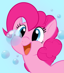 Size: 857x977 | Tagged: safe, artist:sunibee, character:pinkie pie, species:pony, blue background, bubble, bust, cute, diapinkes, female, open mouth, portrait, simple background, solo