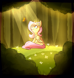 Size: 1519x1600 | Tagged: safe, artist:suplolnope, character:fluttershy, butterfly, crepuscular rays, cute, female, flower, flower in hair, forest, light, shyabetes, solo