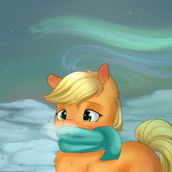 Size: 894x894 | Tagged: safe, artist:chiweee, character:applejack, aurora borealis, breath, clothing, female, filly, red nosed, sad, scarf, snow, solo