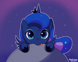 Size: 1024x819 | Tagged: safe, artist:vanillafox2035, character:princess luna, blep, blushing, cute, drool, female, filly, looking at you, lunabetes, moon, nom, smiling, solo, tangible heavenly object, tongue out, woona, younger
