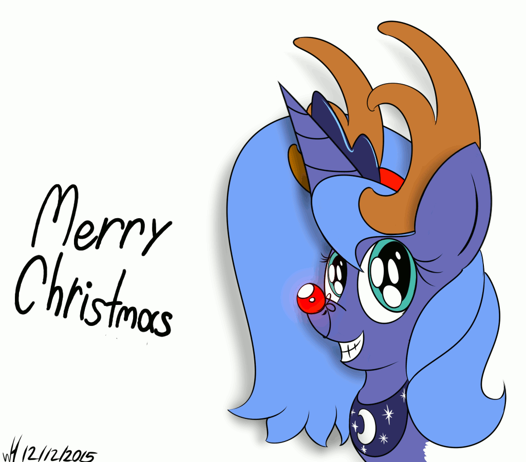 Size: 1024x900 | Tagged: safe, artist:xwoofyhoundx, character:princess luna, animated, antlers, christmas, female, merry christmas, red nose, reindeer antlers, rudolph the red nosed reindeer, s1 luna, simple background, smiling, solo, white background