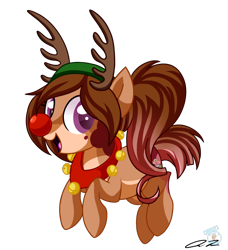 Size: 956x1050 | Tagged: safe, artist:iheartjapan789, oc, oc only, species:earth pony, species:pony, animal costume, antlers, bells, clothing, costume, female, mare, open mouth, red nose, reindeer antlers, reindeer costume, signature, simple background, smiling, solo