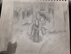 Size: 1280x960 | Tagged: safe, artist:mranthony2, edit, oc, oc only, oc:lemon bounce, bush, cat, everfree forest, grass, grayscale, monochrome, mud, muddy hooves, scared, scenery, shading, shading edit, solo, traditional art, tree, walking, worried
