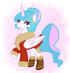 Size: 1076x1119 | Tagged: safe, artist:tanmansmantan, character:princess celestia, alternate hairstyle, boots, bun, clothing, coat, female, heart eyes, solo, wingding eyes