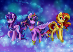Size: 1400x1000 | Tagged: safe, artist:frostykat13, character:starlight glimmer, character:sunset shimmer, character:twilight sparkle, character:twilight sparkle (alicorn), species:alicorn, species:pony, alicornified, alicorns only, counterparts, magical trio, race swap, shimmercorn, starlicorn, twilight's counterparts, xk-class end-of-the-world scenario