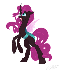 Size: 2552x2959 | Tagged: safe, artist:tsand106, oc, oc only, oc:sugar bash, parent:pinkie pie, parent:queen chrysalis, parents:pinkiesalis, species:changeling, species:changepony, crack shipping, female, happy, hybrid, interspecies offspring, magical lesbian spawn, offspring, rearing, solo