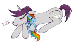 Size: 600x356 | Tagged: safe, artist:tinuleaf, character:rainbow dash, character:written script, blushing, cute, doll, female, simple background, sleeping, solo, toy, white background, writtendash