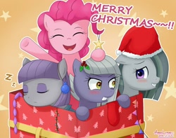 Size: 1024x808 | Tagged: safe, artist:vanillafox2035, character:limestone pie, character:marble pie, character:maud pie, character:pinkie pie, blushing, christmas, christmas ornament, clothing, cute, diapinkes, eyes closed, floppy ears, gritted teeth, hair over one eye, hat, holly, limabetes, marblebetes, maudabetes, merry christmas, open mouth, pie sisters, santa hat, sleeping, snoring, zzz
