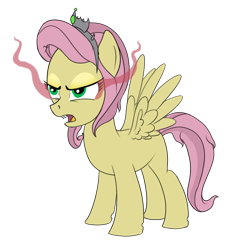 Size: 580x600 | Tagged: safe, artist:karmadash, oc, oc only, oc:princess penumbra, parent:fluttershy, parent:king sombra, parents:sombrashy, species:pegasus, species:pony, angry, blank flank, eye contact, fangs, offspring, simple background, solo, sombra eyes, tiara, transparent background