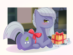 Size: 1024x768 | Tagged: safe, artist:vanillafox2035, character:limestone pie, angry, blushing, bow, female, gift wrapped, glare, limestonebutt, limetsun pie, looking at you, plot, present, prone, raised tail, solo, tsundere