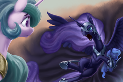 Size: 3968x2653 | Tagged: safe, artist:nadnerbd, character:nightmare moon, character:princess celestia, character:princess luna, species:alicorn, species:pony, angry, armor, button eyes, crying, doll, duo, eye contact, eyelashes, fangs, female, filly, frown, glare, gradient background, helmet, holding, hoof hold, hoof shoes, horn, hug, jewelry, looking at each other, mare, open mouth, plushie, regalia, sad, shadow, smiling, spread wings, toy, wide eyes, wings, woona, yelling