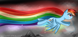 Size: 4724x2244 | Tagged: safe, artist:scarlett-letter, character:rainbow dash, colors, female, flying, gray, mountain, rainbow colors, solo