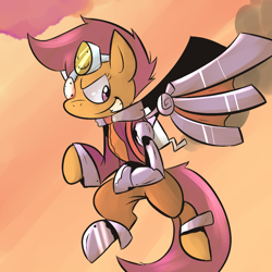 Size: 1000x1000 | Tagged: safe, artist:spanish-scoot, character:scootaloo, species:pegasus, species:pony, amputee, artificial wings, augmented, biohacking, cyborg, eyepatch, female, mechanical wing, prosthetic limb, scootaloo can fly, solo, steampunk, wings