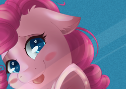 Size: 1024x724 | Tagged: safe, artist:chiweee, character:pinkie pie, blushing, cheek fluff, cute, diapinkes, ear fluff, female, heart eyes, looking at you, smiling, solo, tongue out, underhoof, wingding eyes