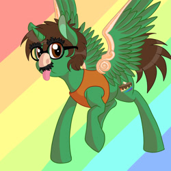 Size: 1600x1600 | Tagged: safe, artist:gigason, oc, oc only, oc:frost d. tart, species:alicorn, species:pony, alicorn oc, groucho mask, looking at you, rainbow background, silly, solo, tongue out
