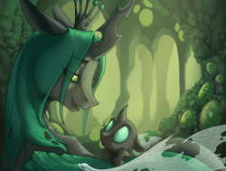 Size: 1432x1080 | Tagged: safe, artist:28gooddays, character:queen chrysalis, species:changeling, changeling hive, changeling queen, cuddling, cute, cutealis, cuteling, duo focus, egg, female, floppy ears, frown, hive, leaning, lidded eyes, like mother like daughter, looking at each other, looking down, mommy chrissy, mother, mother and daughter, nymph, on side, open mouth, smiling, snuggling