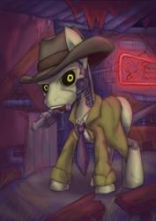 Size: 2330x3296 | Tagged: safe, artist:cazra, oc, oc only, oc:nicker valentine, species:pony, fallout equestria, detective, fallout, fallout 4, gun, handgun, nick valentine, ponified, revolver, robot, synth, synth (fallout 4), weapon