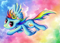 Size: 931x658 | Tagged: safe, artist:c-puff, character:rainbow dash, colorful, female, flying, sky, solo