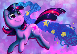 Size: 930x658 | Tagged: safe, artist:c-puff, character:twilight sparkle, species:pony, species:unicorn, female, jumping, magic, mare, smiling, solo, stars