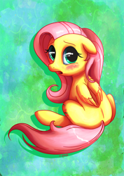 Size: 658x930 | Tagged: safe, artist:c-puff, character:fluttershy, species:pony, species:unicorn, blushing, female, mare, signature, sitting, solo
