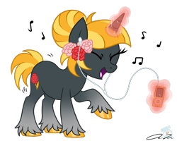 Size: 1280x1024 | Tagged: safe, artist:iheartjapan789, oc, oc only, species:pony, species:unicorn, earbuds, eyes closed, female, flower, glowing horn, ipod, levitation, magic, mare, music notes, open mouth, raised hoof, signature, simple background, solo, standing, telekinesis, transparent background, unshorn fetlocks