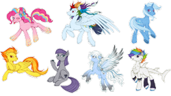 Size: 1280x724 | Tagged: safe, artist:tinuleaf, character:maud pie, character:pinkie pie, character:spitfire, character:trixie, oc, oc:punk tank skittles, oc:sunrise brisk, oc:wind chime, parent:rainbow dash, parent:soarin', parents:soarindash, species:earth pony, species:pegasus, species:pony, species:unicorn, female, mare, offspring, original species, shark pony