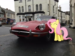 Size: 3264x2448 | Tagged: safe, artist:datnaro, artist:uponia, character:fluttershy, barclay's, car, england, eyes closed, irl, jaguar (car), jaguar e-type, photo, ponies in real life, smiling, solo, store, vector