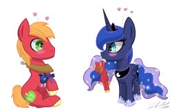 Size: 1203x768 | Tagged: dead source, safe, artist:tsand106, character:big mcintosh, character:princess luna, species:earth pony, species:pony, ship:lunamac, blushing, doll, male, shipping, simple background, stallion, straight, toy