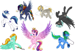 Size: 1076x743 | Tagged: safe, artist:tinuleaf, character:lightning dust, character:princess cadance, character:shining armor, character:thunderlane, oc, oc:cloud puff, oc:mirage, oc:sound check, parent:derpy hooves, parent:doctor whooves, parent:rainbow dash, parent:soarin', parents:doctorderpy, parents:soarindash, species:alicorn, species:crystal pony, species:earth pony, species:pegasus, species:pony, species:unicorn, mp3 player, offspring, pregnant