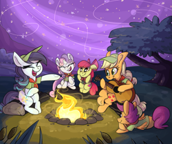 Size: 1291x1080 | Tagged: safe, artist:ponygoggles, character:apple bloom, character:applejack, character:coloratura, character:scootaloo, character:sweetie belle, species:earth pony, species:pegasus, species:pony, species:unicorn, campfire, camping, cap, clothing, cutie mark, cutie mark crusaders, eyes closed, female, filly, guitar, hat, lip bite, mare, night, on side, rara, scout uniform, singing, stars, the cmc's cutie marks, tree