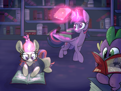 Size: 1175x887 | Tagged: safe, artist:ponygoggles, character:moondancer, character:spike, character:twilight sparkle, character:twilight sparkle (alicorn), species:alicorn, species:dragon, species:pony, species:unicorn, baby, baby dragon, book, bookhorse, bookshelf, clothing, comic book, cute, dancerbetes, female, glasses, glowing horn, levitation, library, magic, male, mare, prone, reading, smiling, spikabetes, sweater, telekinesis, twiabetes