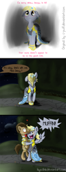 Size: 878x2283 | Tagged: safe, artist:c-puff, character:derpy hooves, character:doctor whooves, character:time turner, species:earth pony, species:pegasus, species:pony, bipedal, blushing, clothing, comic, crying, dress, female, hug, male, mare, muffin, stallion