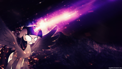 Size: 1920x1080 | Tagged: dead source, safe, artist:kysss90, artist:taigalife, character:twilight sparkle, character:twilight sparkle (alicorn), species:alicorn, species:pony, abstract background, angry, blank eyes, female, glowing eyes, grunge, magic, magic overload, mare, mountain, solo, sparks, vector, wallpaper