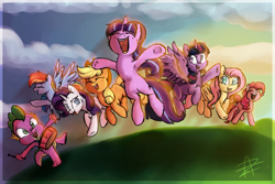 Size: 1600x1067 | Tagged: safe, artist:myralilth, character:applejack, character:fluttershy, character:pinkie pie, character:rainbow dash, character:rarity, character:spike, character:starlight glimmer, character:twilight sparkle, character:twilight sparkle (alicorn), species:alicorn, species:pony, episode:the cutie re-mark, armpits, cheek fluff, cute, eyes closed, female, fluffy, friends are always there for you, mane seven, mane six, mare, midair, missing cutie mark, open mouth, scene interpretation, underhoof