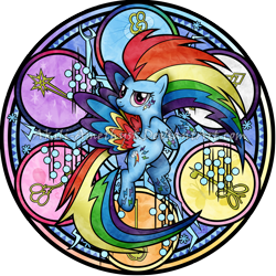 Size: 2100x2100 | Tagged: safe, artist:akili-amethyst, character:rainbow dash, character:tree of harmony, episode:twilight's kingdom, g4, my little pony: friendship is magic, colored wings, female, keys of harmony, looking at you, multicolored hair, multicolored wings, rainbow hair, rainbow power, rainbow power-ified, rainbow tail, rainbow wings, solo, stained glass, tree of harmony, wings