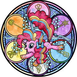 Size: 2100x2100 | Tagged: safe, artist:akili-amethyst, character:pinkie pie, character:tree of harmony, episode:twilight's kingdom, g4, my little pony: friendship is magic, female, keys of harmony, looking at you, multicolored hair, rainbow hair, rainbow power, rainbow power-ified, rainbow tail, solo, stained glass, tree of harmony