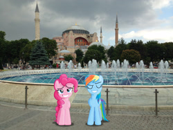 Size: 3264x2448 | Tagged: safe, artist:geonine, artist:stabzor, character:pinkie pie, character:rainbow dash, ship:pinkiedash, female, fountain, hagia sophia, irl, istanbul, lesbian, photo, ponies in real life, shipping, turkey (country), vector