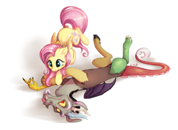 Size: 1229x901 | Tagged: safe, artist:c-puff, character:discord, character:fluttershy, species:draconequus, species:pegasus, species:pony, ship:discoshy, cute, discute, female, male, mare, on back, shipping, shyabetes, silly, simple background, straight, tongue out, white background