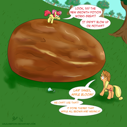 Size: 1050x1050 | Tagged: safe, artist:halflingpony, character:apple bloom, character:applejack, date palm, food, growth, potion, pun, visual gag