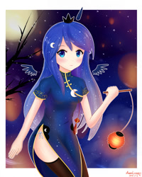 Size: 1024x1280 | Tagged: safe, artist:vanillafox2035, character:princess luna, species:human, cheongsam, chinese new year, clothing, dress, female, horned humanization, humanized, looking at you, lunar new year, panties, side knot underwear, side slit, socks, solo, thigh highs, underwear, white underwear, winged humanization